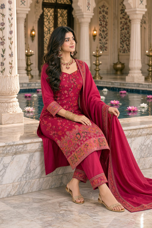 Pink Silk Blend Jacquard Woven with Inner Straight Kurta & Pant With Dupatta