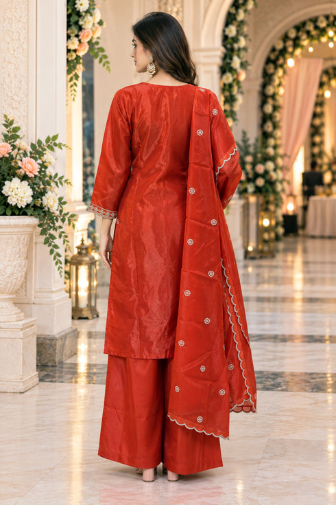 Rust Silk Blend with Inner Embroidered Beads Work Straight Kurta & Pant With Dupatta