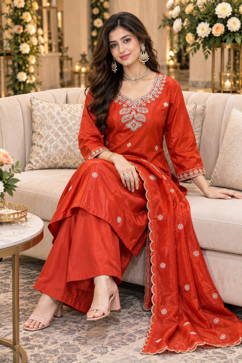 Rust Silk Blend with Inner Embroidered Beads Work Straight Kurta & Pant With Dupatta
