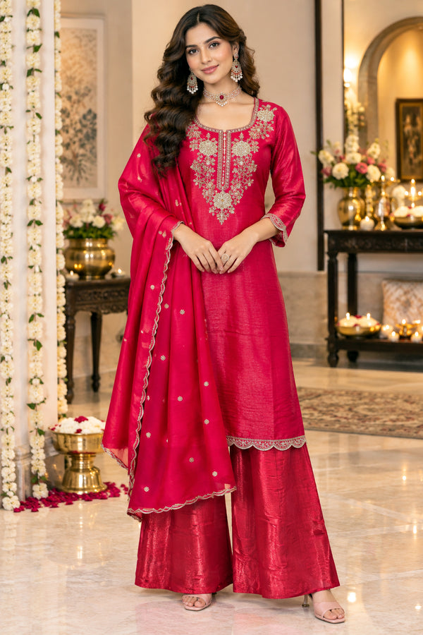 Pink Silk Blend with Inner Embroidered Beads Work Straight Kurta & Pant With Dupatta
