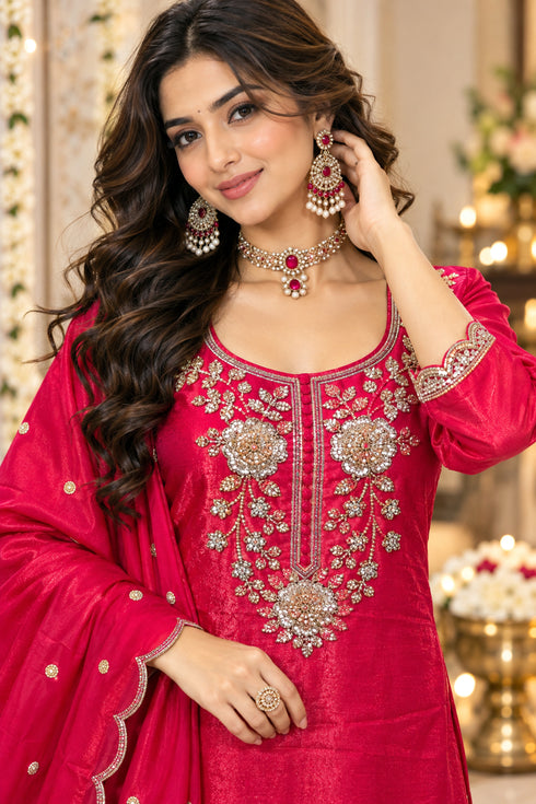 Pink Silk Blend with Inner Embroidered Beads Work Straight Kurta & Pant With Dupatta