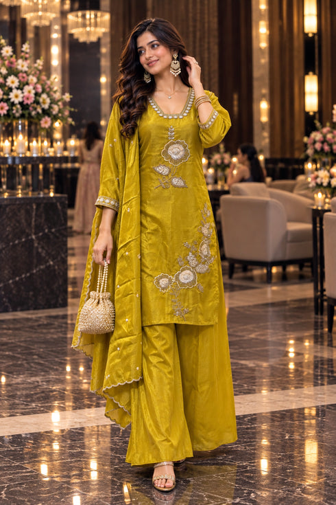 Yellow Silk Blend with Inner Embroidered Beads Work Straight Kurta & Pant With Dupatta