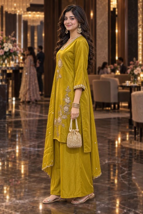 Yellow Silk Blend with Inner Embroidered Beads Work Straight Kurta & Pant With Dupatta
