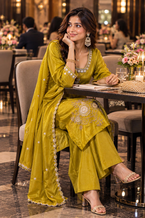 Yellow Silk Blend with Inner Embroidered Beads Work Straight Kurta & Pant With Dupatta