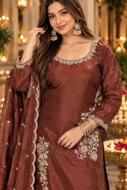 Brown Silk Blend with Inner Embroidered Beads Work Straight Kurta & Pant With Dupatta