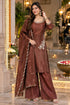 Brown Silk Blend with Inner Embroidered Beads Work Straight Kurta & Pant With Dupatta