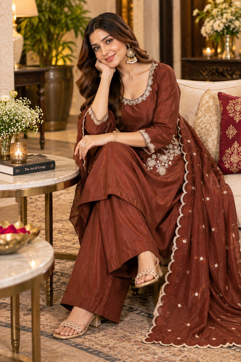 Brown Silk Blend with Inner Embroidered Beads Work Straight Kurta & Pant With Dupatta