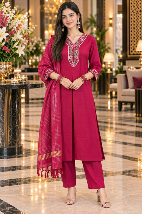 Pink Cotton Blend Embroidered kurta sets women