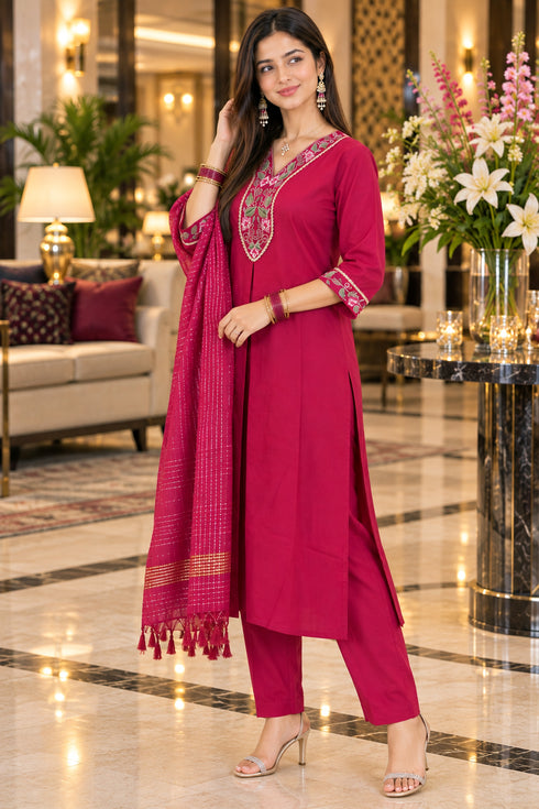Pink Cotton Blend Embroidered kurta sets women