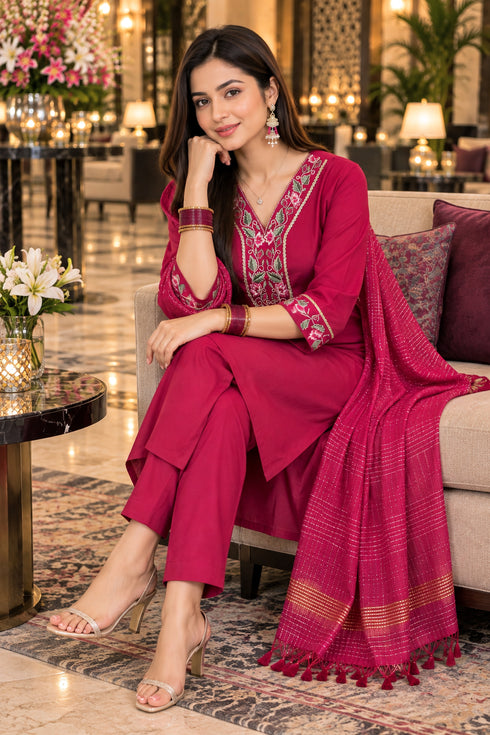 Pink Cotton Blend Embroidered kurta sets women