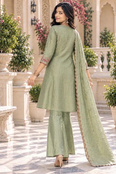 Pista Green Silk Blend with Inner Embroidered A-Line Kurta & Pant With Dupatta
