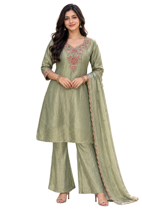 Pista Green Silk Blend with Inner Embroidered A-Line Kurta & Pant With Dupatta