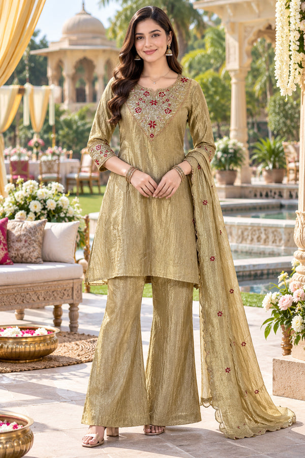 Golden Silk Blend with Inner Embroidered Straight Kurta & Pant With Dupatta