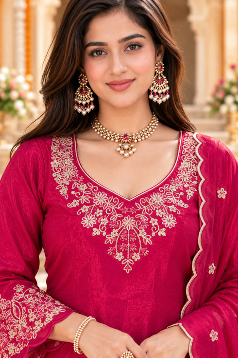 Fuchsia Pink Silk Blend with Inner Embroidered Straight Kurta & Pant With Dupatta