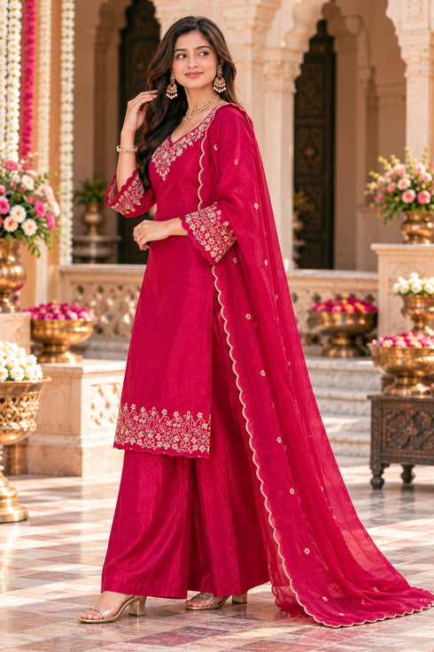 Fuchsia Pink Silk Blend with Inner Embroidered Straight Kurta & Pant With Dupatta