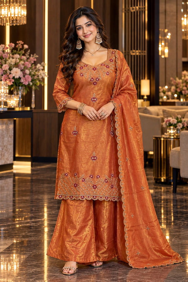 Peach Silk Blend with Inner Embroidered Straight Kurta & Pant With Dupatta
