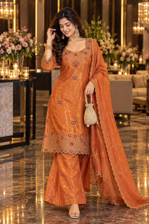 Peach Silk Blend with Inner Embroidered Straight Kurta & Pant With Dupatta