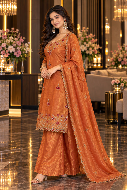 Peach Silk Blend with Inner Embroidered Straight Kurta & Pant With Dupatta