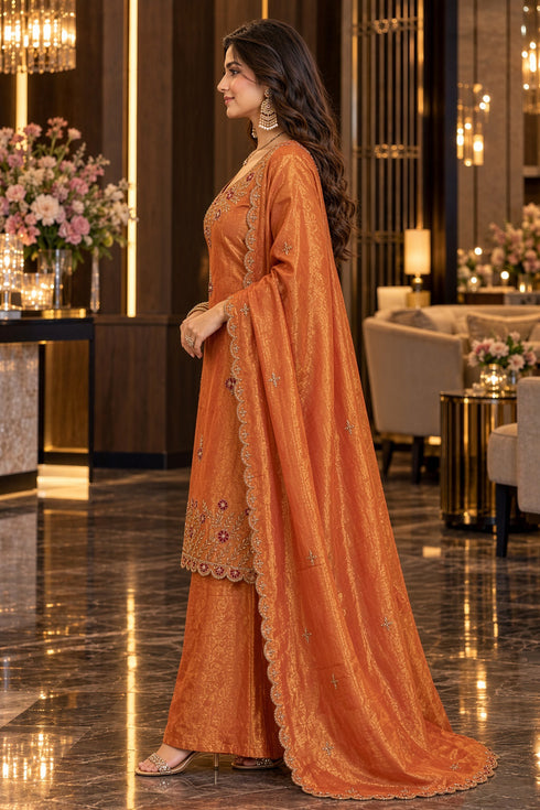 Peach Silk Blend with Inner Embroidered Straight Kurta & Pant With Dupatta
