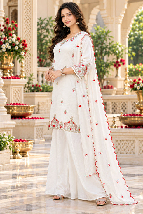 White Silk Blend with Inner Embroidered Straight Kurta & Palazzo With Dupatta