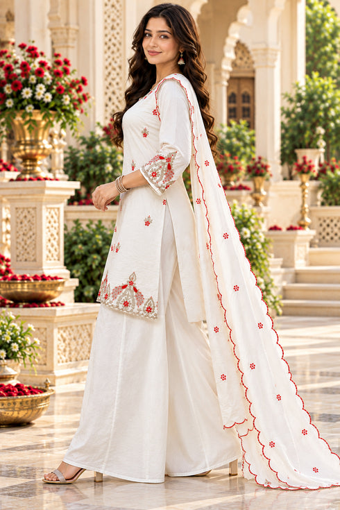 White Silk Blend with Inner Embroidered Straight Kurta & Palazzo With Dupatta