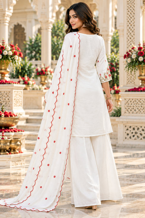White Silk Blend with Inner Embroidered Straight Kurta & Palazzo With Dupatta