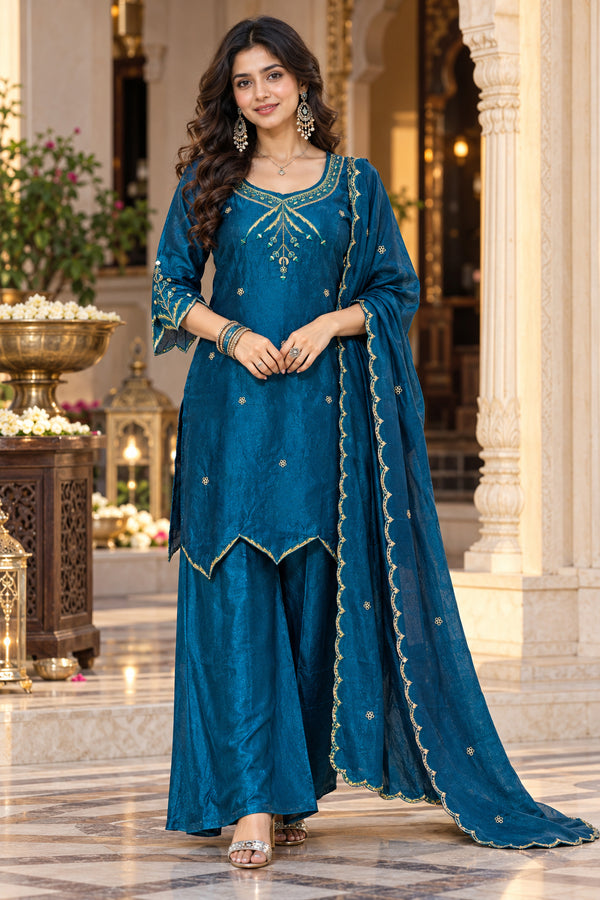 Teal Blue Silk Blend with Inner Embroidered Straight Kurta & Pant With Dupatta