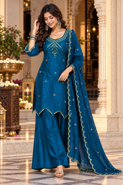 Teal Blue Silk Blend with Inner Embroidered Straight Kurta & Pant With Dupatta