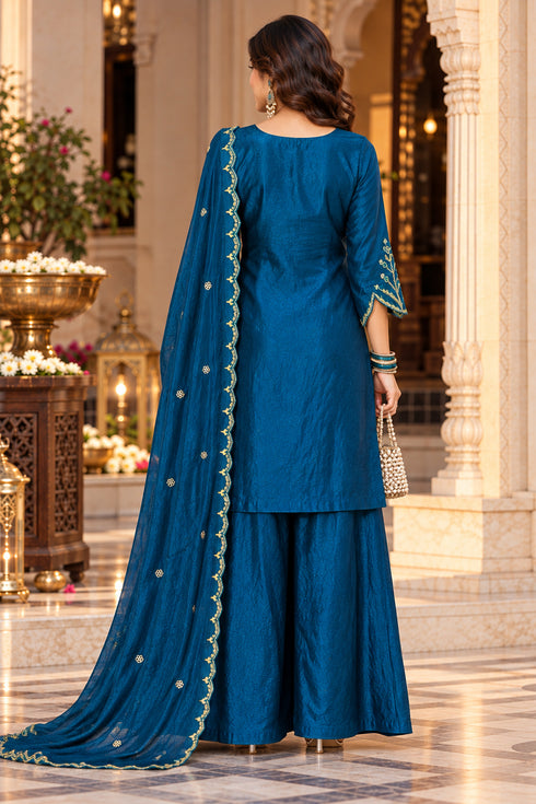Teal Blue Silk Blend with Inner Embroidered Straight Kurta & Pant With Dupatta