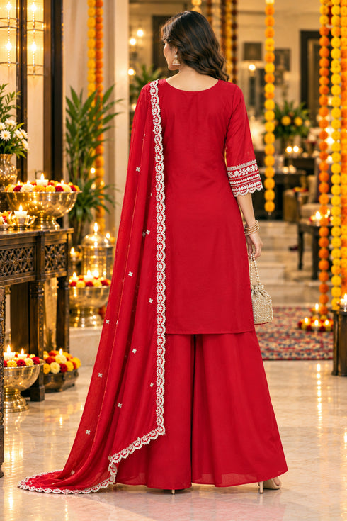 Red Silk Blend with Inner Embroidered Straight Kurta & Pant With Dupatta