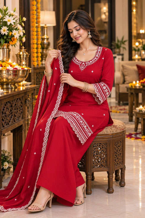 Red Silk Blend with Inner Embroidered Straight Kurta & Pant With Dupatta