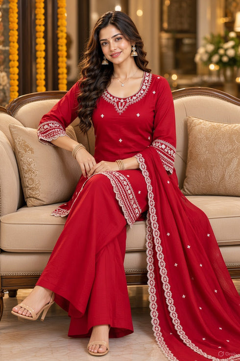 Red Silk Blend with Inner Embroidered Straight Kurta & Pant With Dupatta