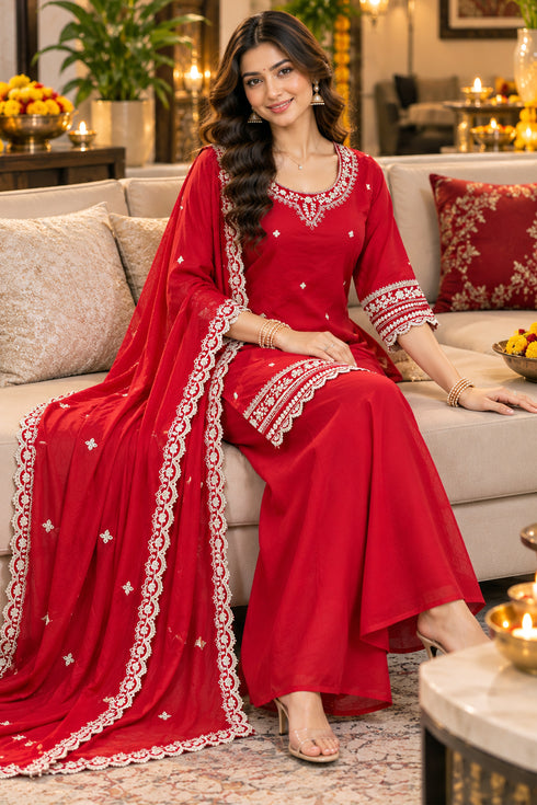 Red Silk Blend with Inner Embroidered Straight Kurta & Pant With Dupatta