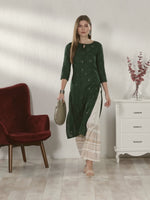 Load and play video in Gallery viewer, Bottle Green Rayon Slub Embroidered Kurti