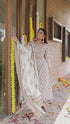 Grey & Peach Pure Cotton Jaipuri Printed  Kurta Set With Dupatta