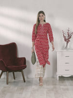 Load and play video in Gallery viewer, Red And Green Pure Cambric Cotton Jaipuri Printed Kurti