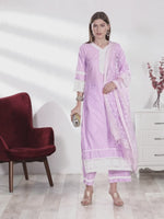 Load and play video in Gallery viewer, Purple Pure Cambric Cotton Floral Embroidered Kurta Set With Dupatta