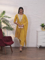Load and play video in Gallery viewer, Yellow Pure Cambric Cotton Embroidered Kurta Set With Dupatta