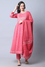 Load image into Gallery viewer, Pink &amp; White Pure Cambric Cotton Floral Embroidered Kurta Set With Dupatta
