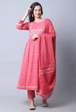 Pink & White Pure Cambric Cotton Floral Embroidered Kurta Set With Dupatta