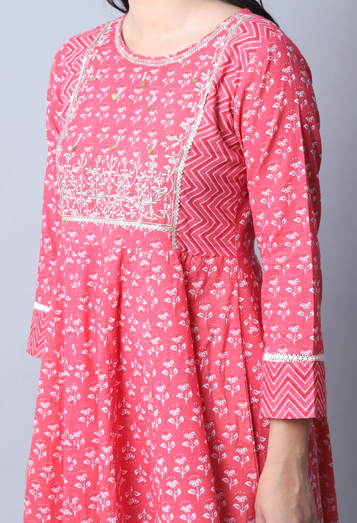 Pink & White Pure Cambric Cotton Floral Embroidered Kurta Set With Dupatta