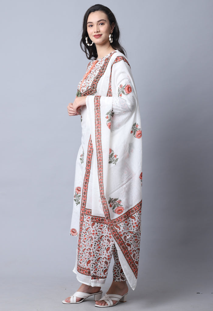 White Pure Cambric Cotton Jaipuri Printed Kurta Set With Dupatta