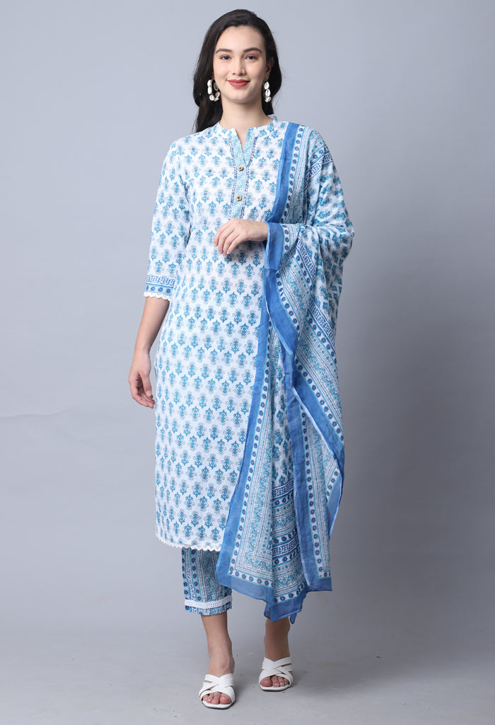 Sky Blue Pure Cambric Cotton Jaipuri Printed Kurta Set With Dupatta