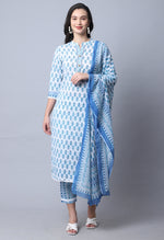 Load image into Gallery viewer, Sky Blue Pure Cambric Cotton Jaipuri Printed Kurta Set With Dupatta
