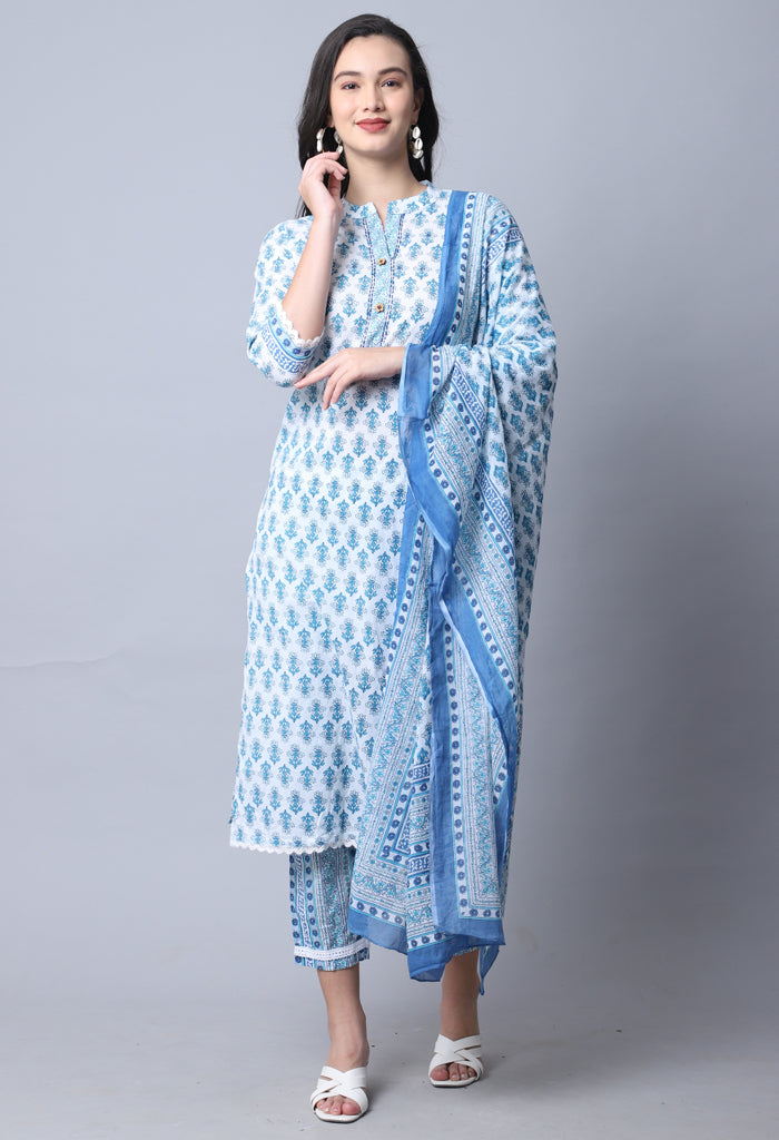 Sky Blue Pure Cambric Cotton Jaipuri Printed Kurta Set With Dupatta