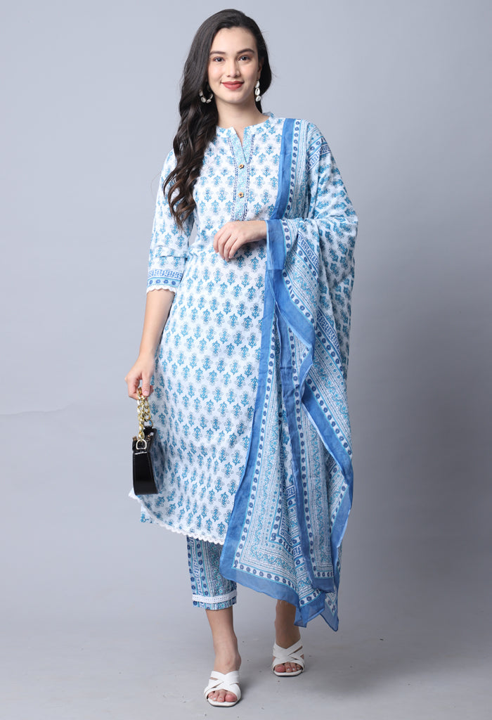 Sky Blue Pure Cambric Cotton Jaipuri Printed Kurta Set With Dupatta
