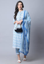 Load image into Gallery viewer, Sky Blue Pure Cambric Cotton Jaipuri Printed Kurta Set With Dupatta
