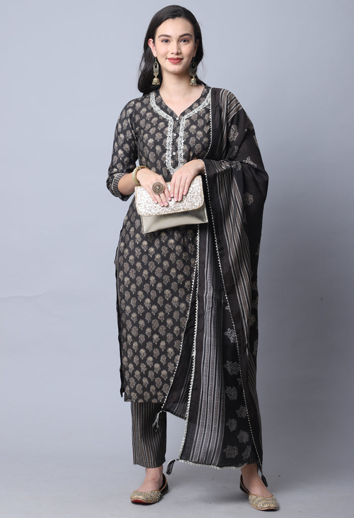 Grey  Muslin Jaipuri Embroidered Kurta Set With Dupatta