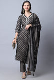 Grey  Muslin Jaipuri Embroidered Kurta Set With Dupatta