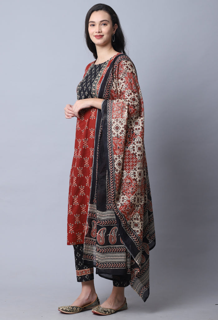 Brown & Black  Pure Cambric Cotton Jaipuri Printed Kurta Set With Dupatta